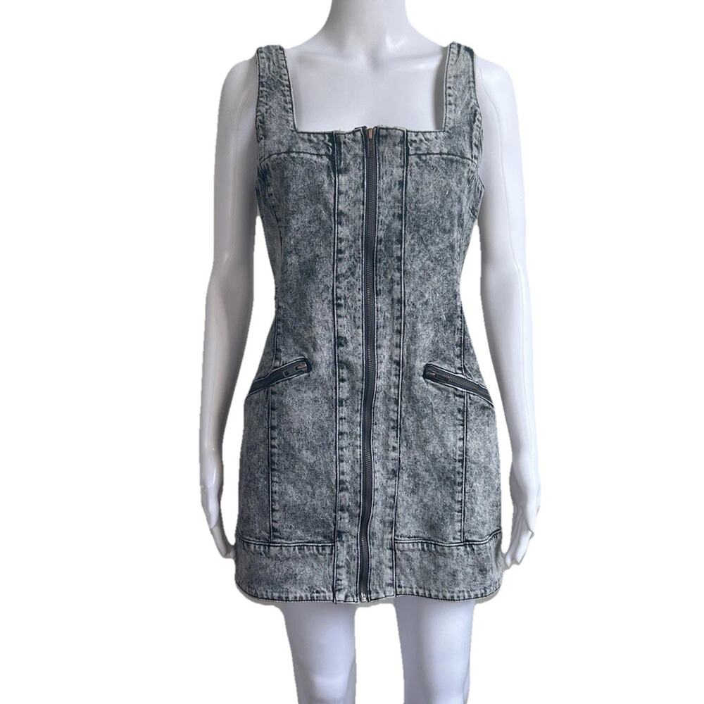 Free People Denim Mini Dress Womens 4 Acid Wash Corset Zip Front Bodycon